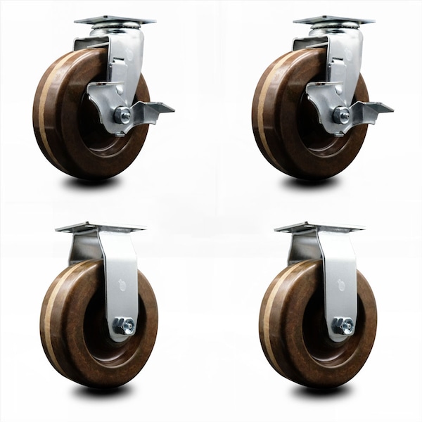 6 Inch High Temp Phenolic Caster Set with Roller Bearings 2 Brakes 2 Rigid SCC